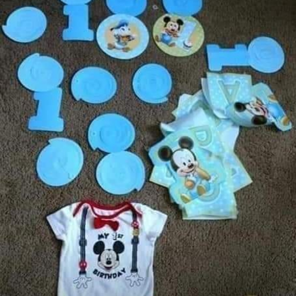 Mickey mouse 1st birthday onesie & party supplies